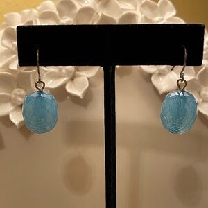 Aquamarine Blue Color Veined Faceted Ball Drop Earrings